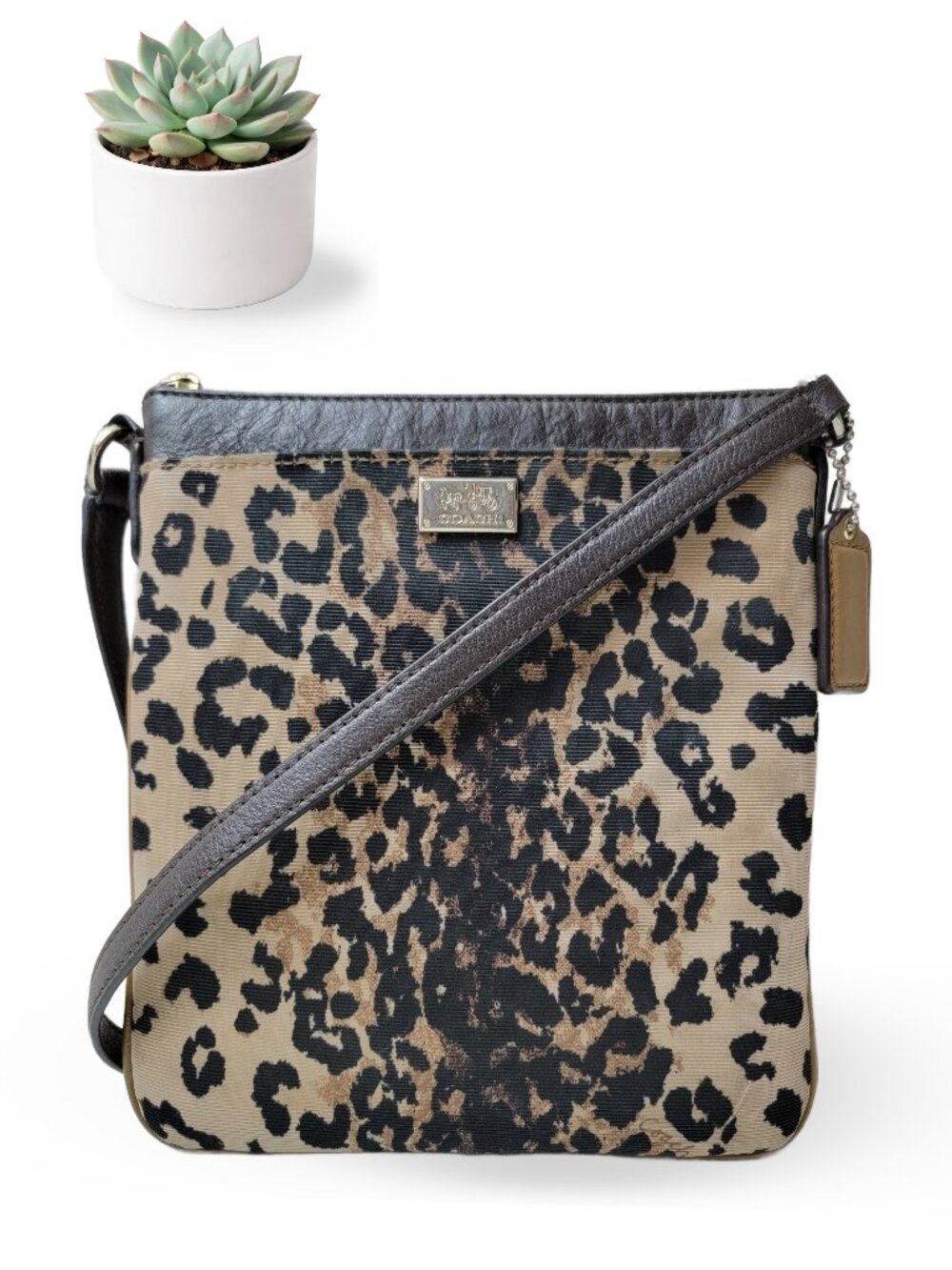 Coach Park Ocelot Leopard Print Swingpack Crossbody Bag Brown Leather Trim Purse